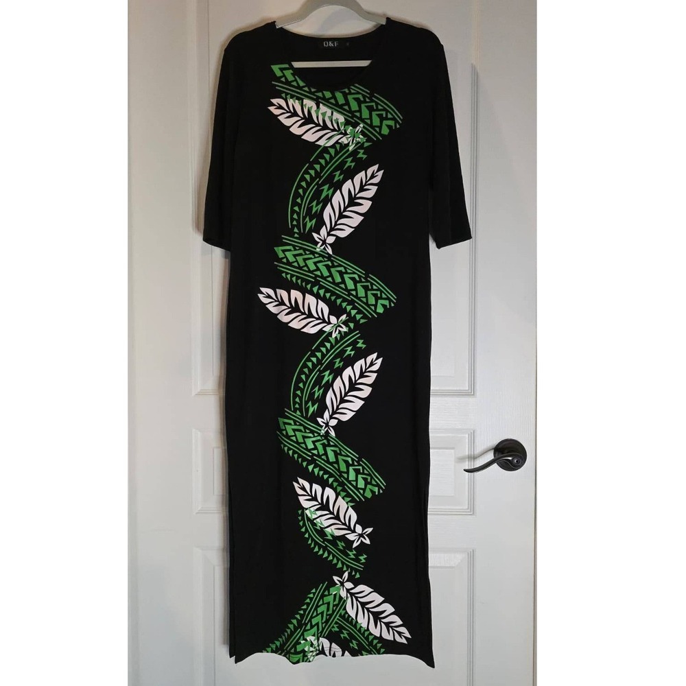 Q&F Women Black Polynesian Tribal Feather Print Maxi Dress Green White Size 10